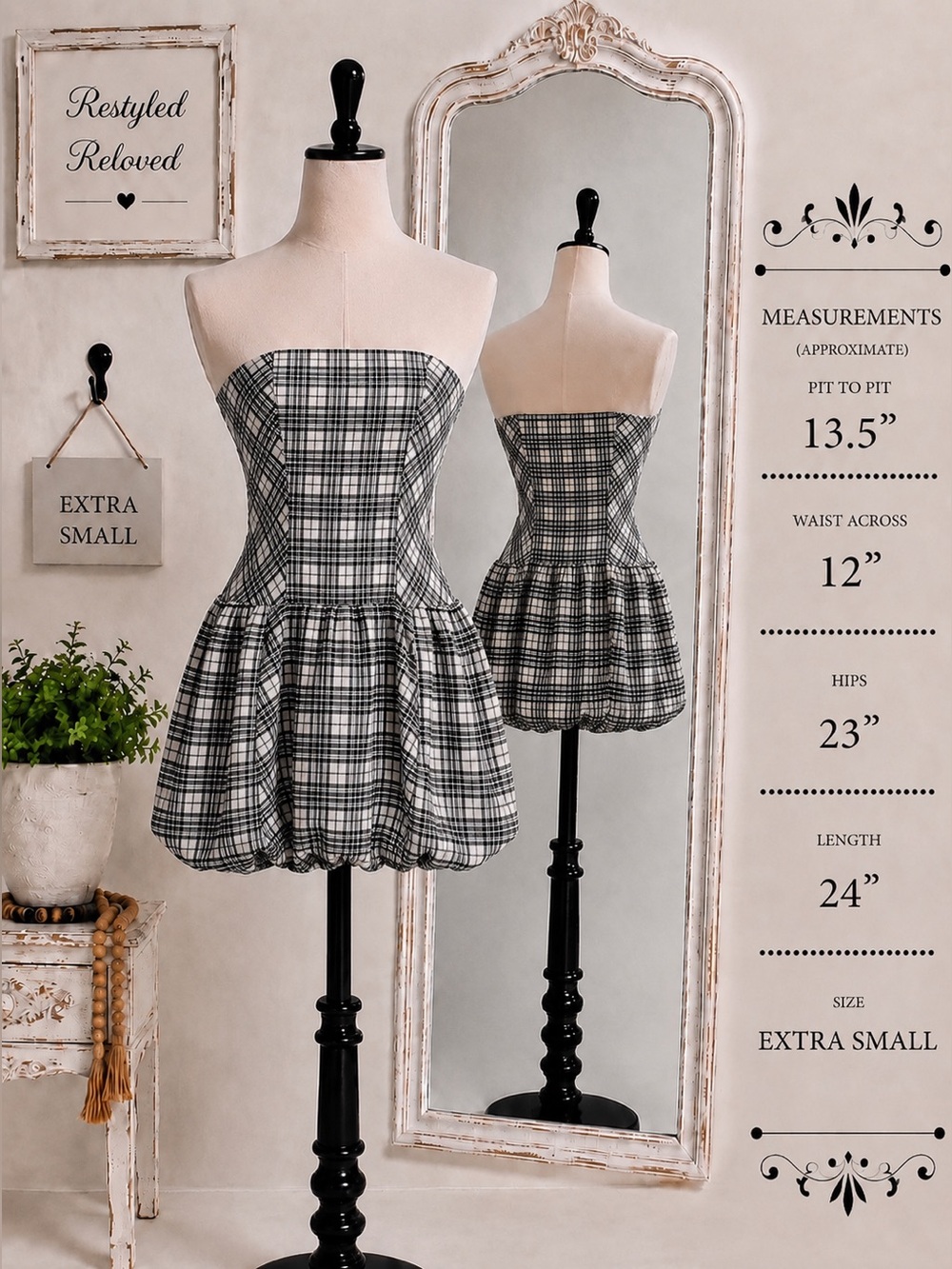 Haute Monde Black & White Plaid Strapless Bubble Hem Mini Dress Sz Medium – NWT